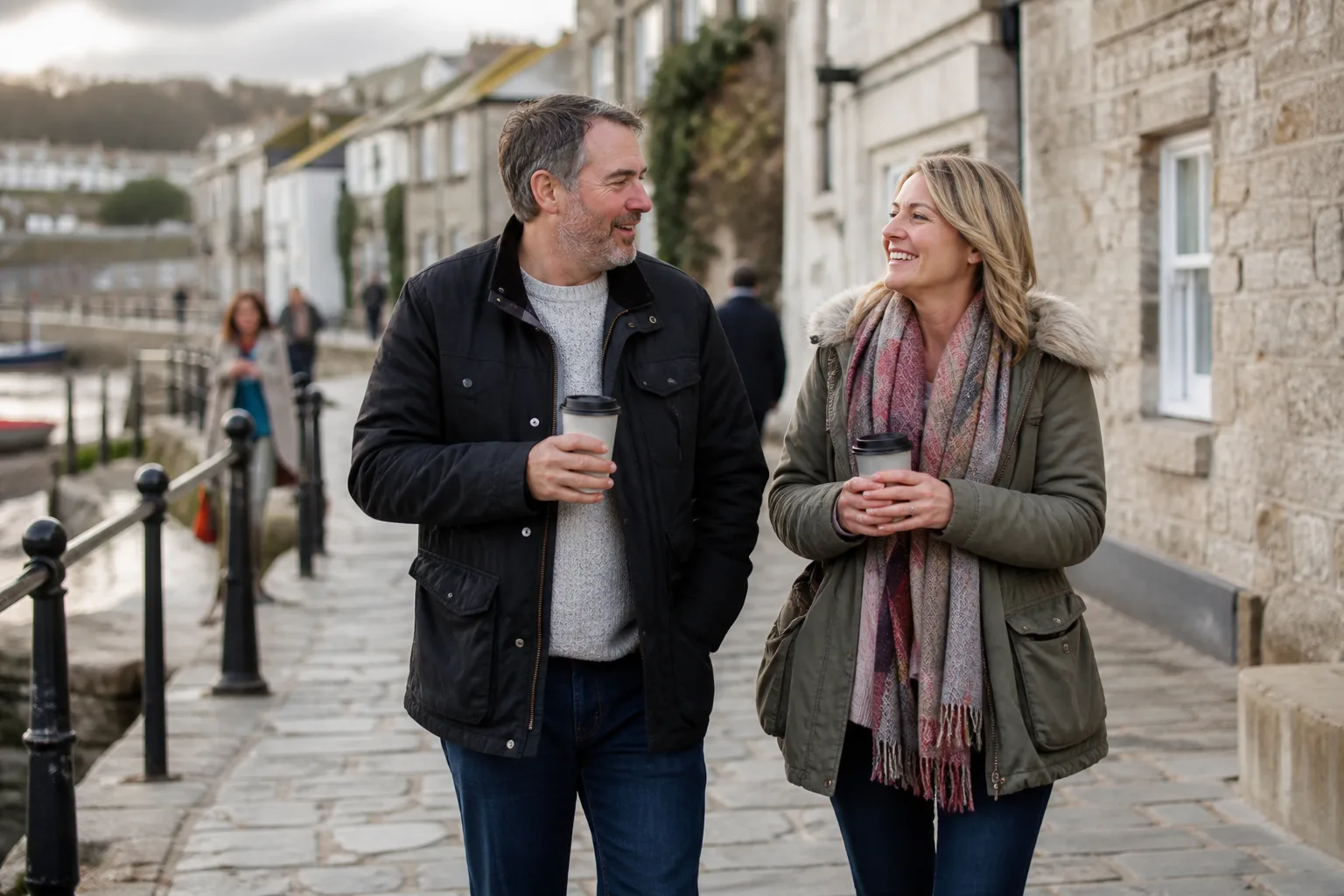 Two people talking over coffee beside a Cornish harbour