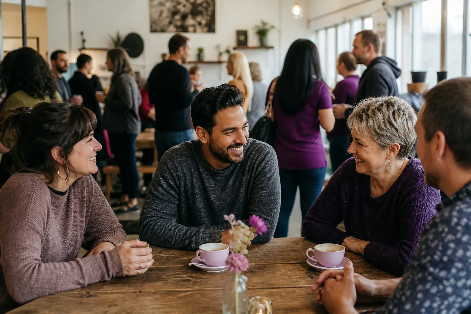 Adults chatting at a relaxed social event in Cornwall