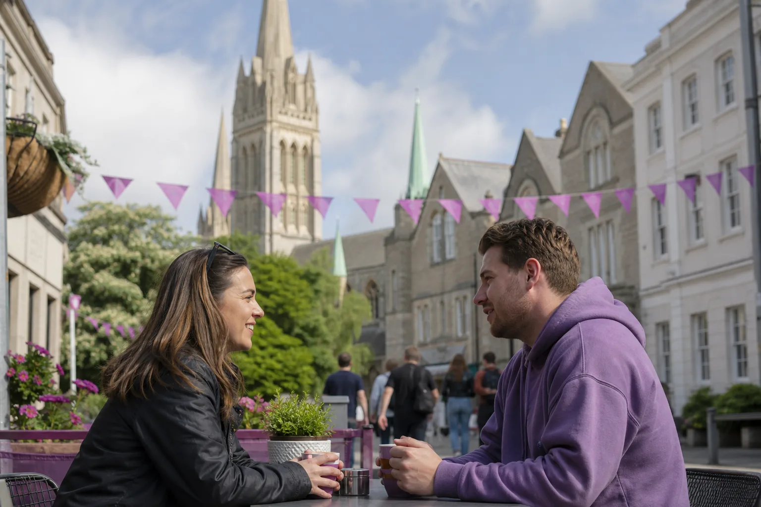 Two people walking together beside Truro Cathedral in central Truro