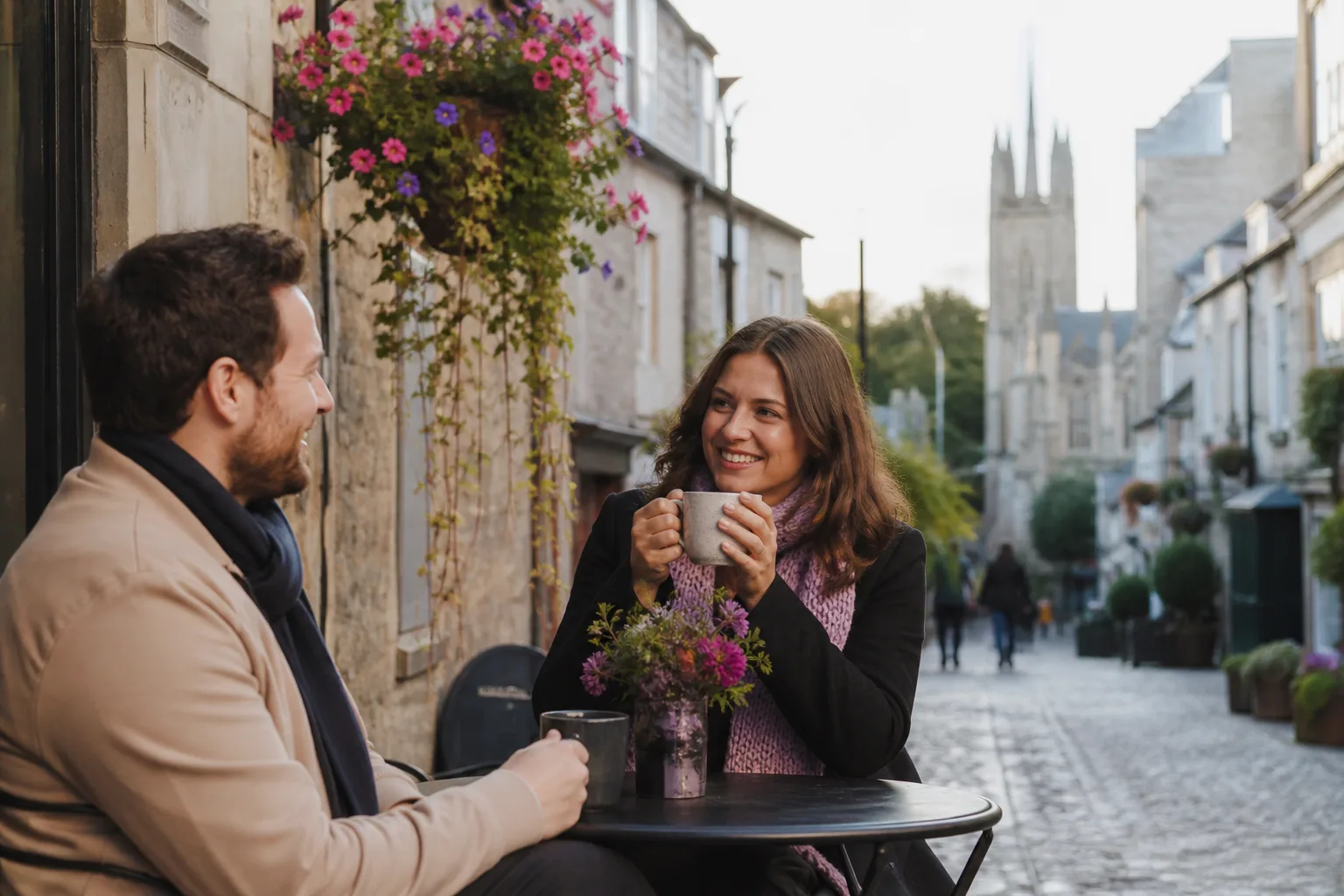 Two people walking together beside the river in Truro