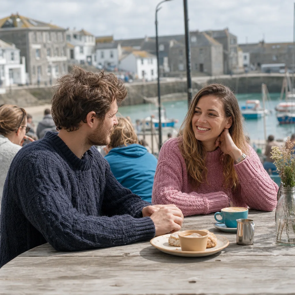 Two people checking a Cornwall bus timetable before meeting in town