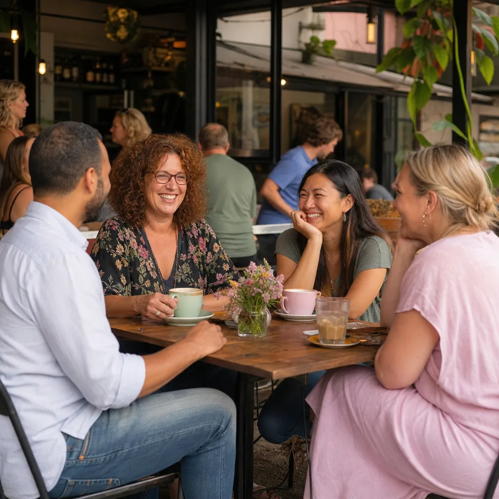 A woman checking in with a friend before meeting a date at a Cornish café