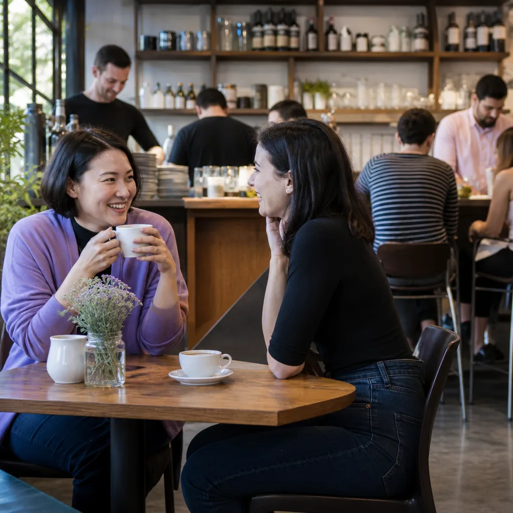 Two adults meeting for the first time in a busy Cornish café