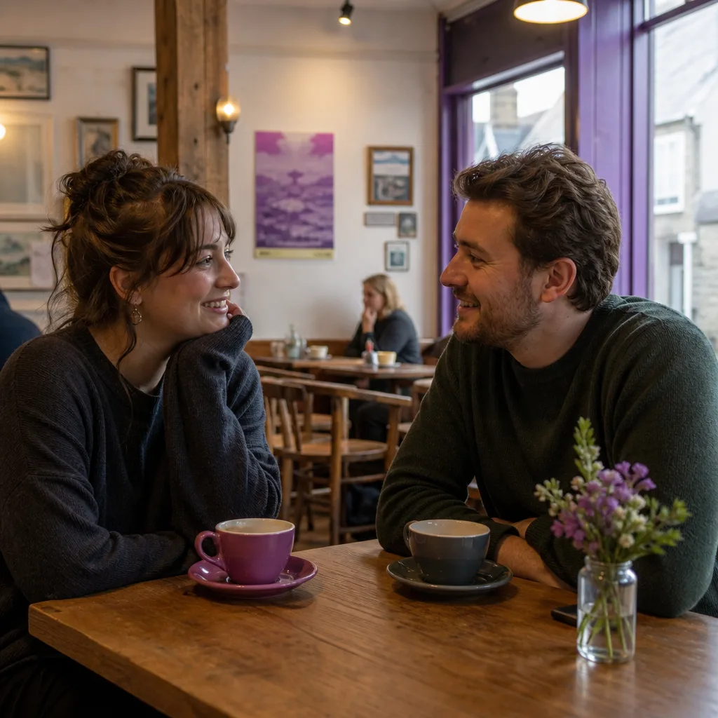 Couple having coffee near a walkable town centre in Cornwall