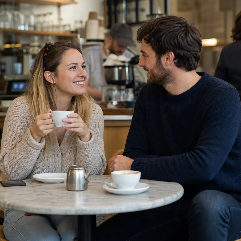Two adults meeting outside a busy café in Falmouth
