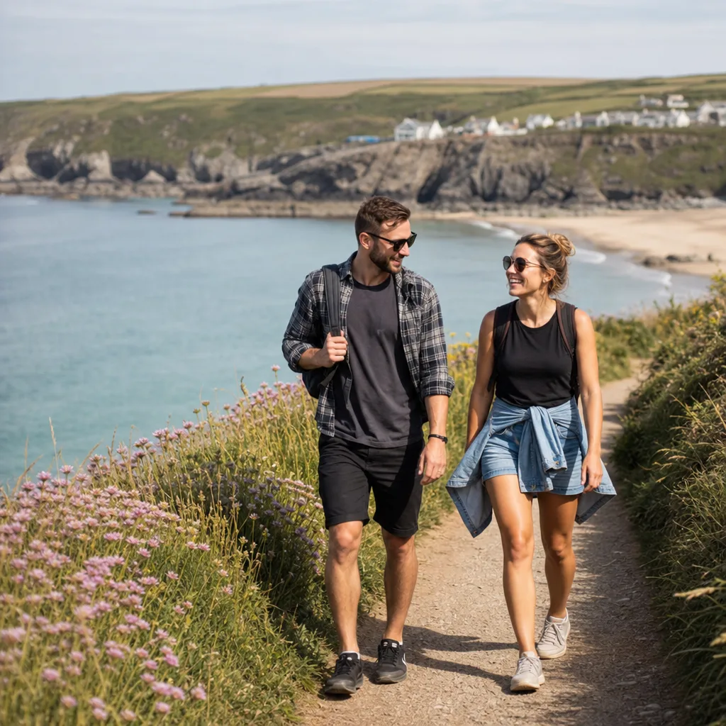 A couple taking a daytime walk along Gyllyngvase Beach in Falmouth