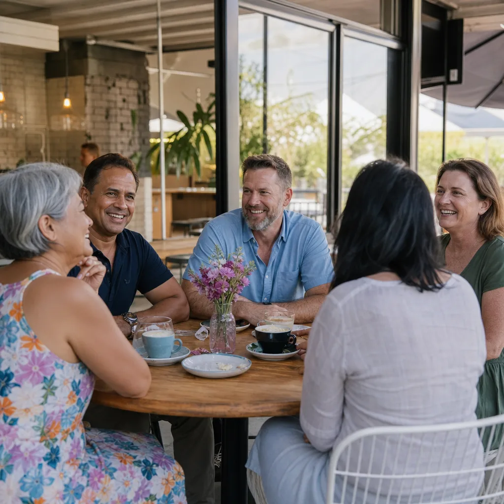 Two adults talking at a public café table in Truro